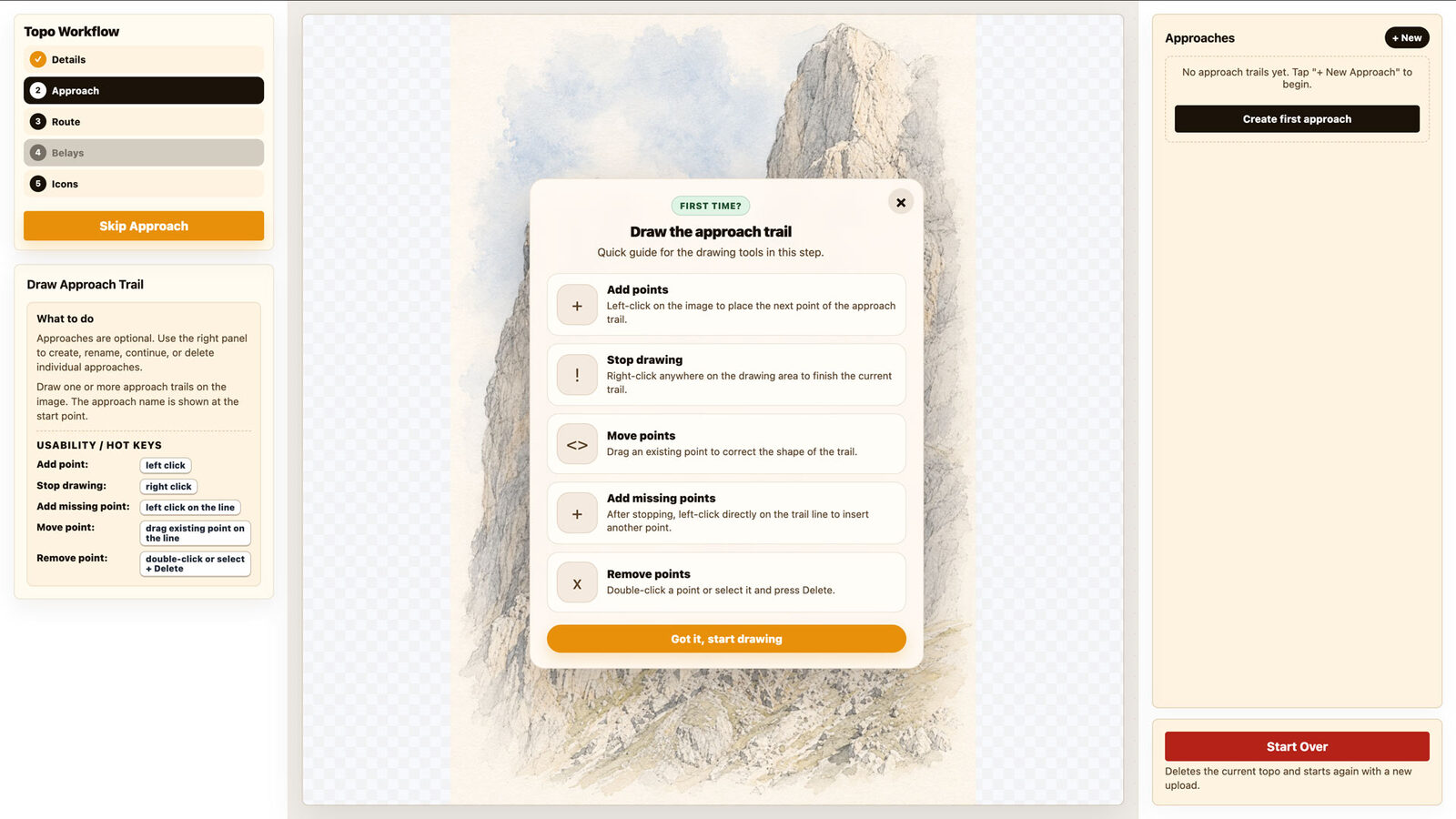 The drawing guide of the topo editor, listing how to add, move and remove points