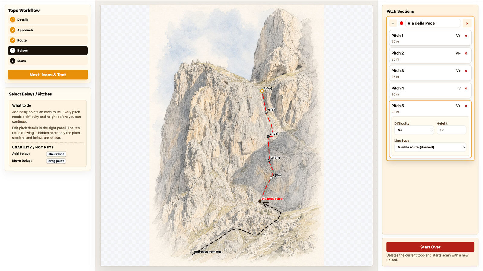 The topo editor with belays placed along a route and each pitch listed with its grade